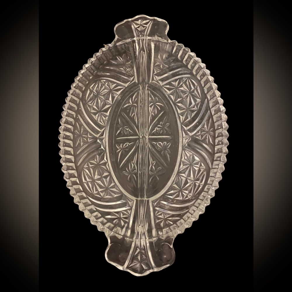 1940s Vintage Cut Glass Relish Tray with Divider.